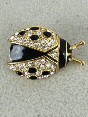 Vintage Ladybug Brooch 80s Crystal Rhinestones Black Enamel Gold Tone Metal Pin